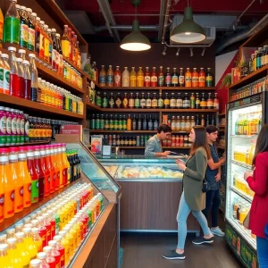 Interior of Killjoy shop showcasing non-alcoholic beverages and visitors engaging with products.