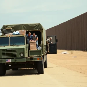 Soldiers unloading supplies at U.S.-Mexico border