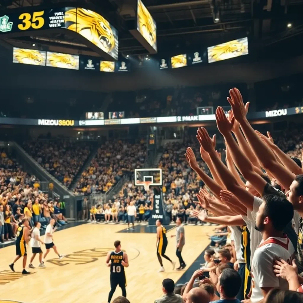 Mizzou basketball team celebrating their victory against Vanderbilt