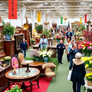 Exhibitors at the Nashville Antiques & Garden Show displaying antiques and floral arrangements.