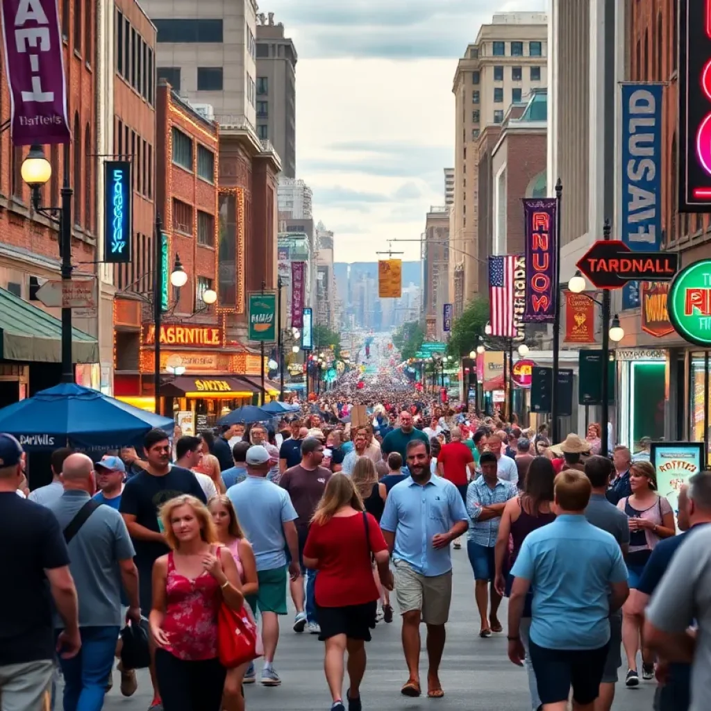 A busy Broadway street in Nashville filled with pedestrians and music, illustrating the lively yet concerning atmosphere.