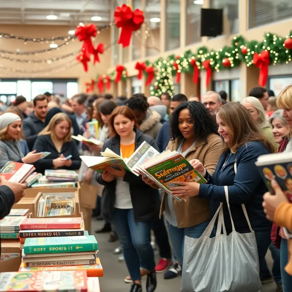 Community members participating in charity events in Nashville with book and toy donations.