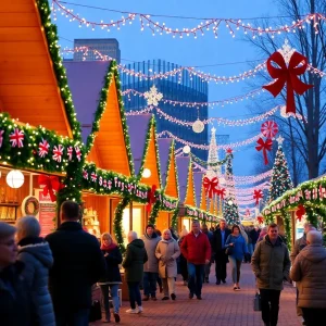 Crowd at Nashville Christmas Village with festive stalls