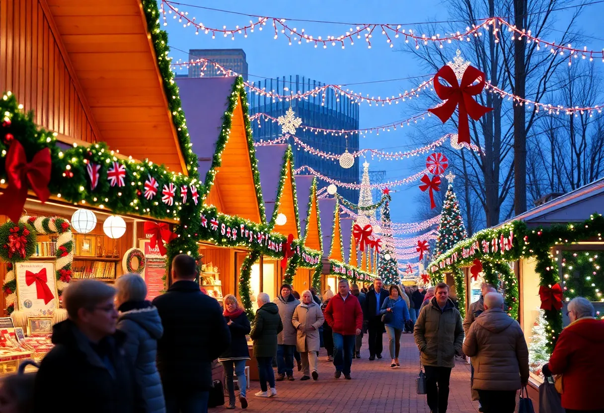 Crowd at Nashville Christmas Village with festive stalls