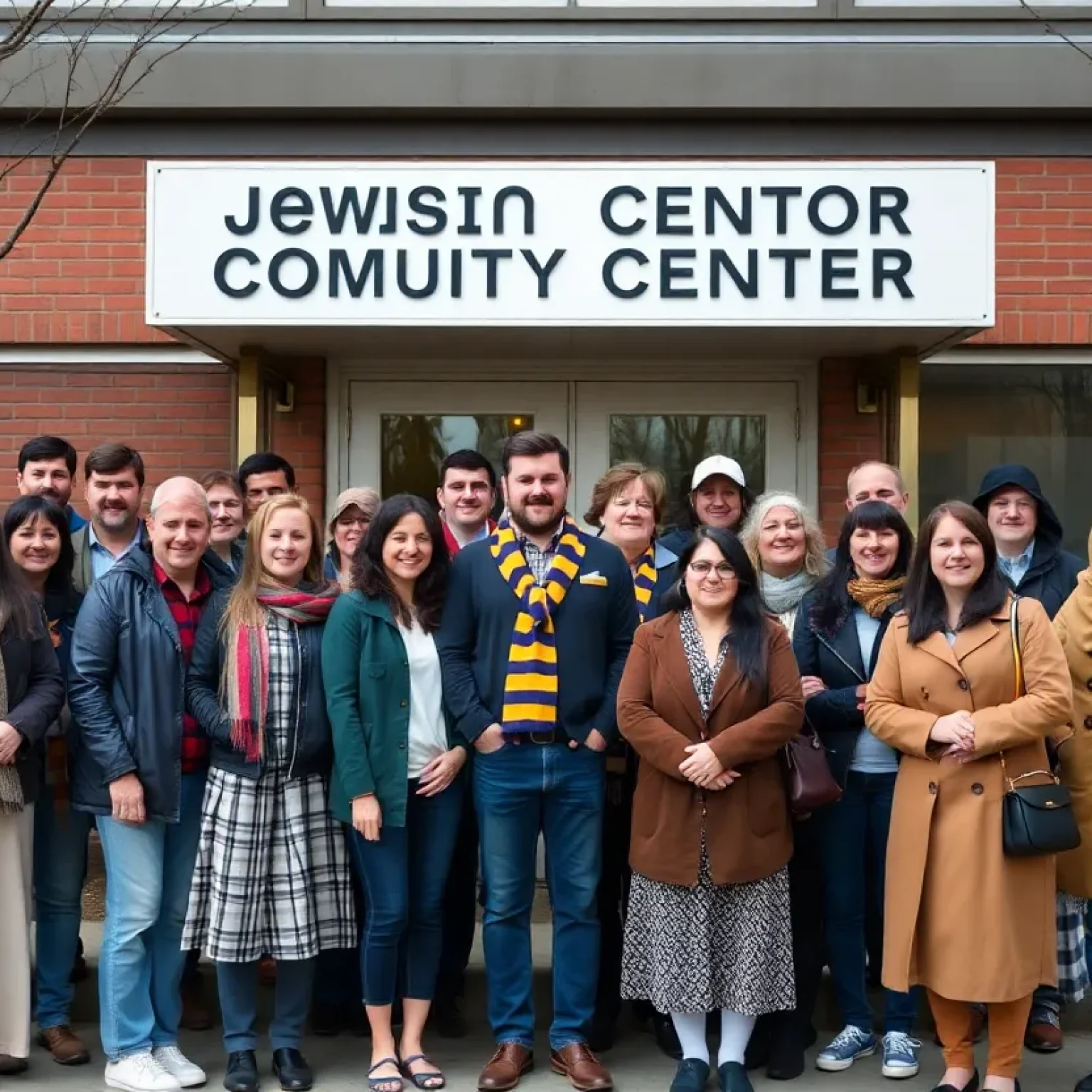 Diverse community members in front of a Jewish community center displaying solidarity.