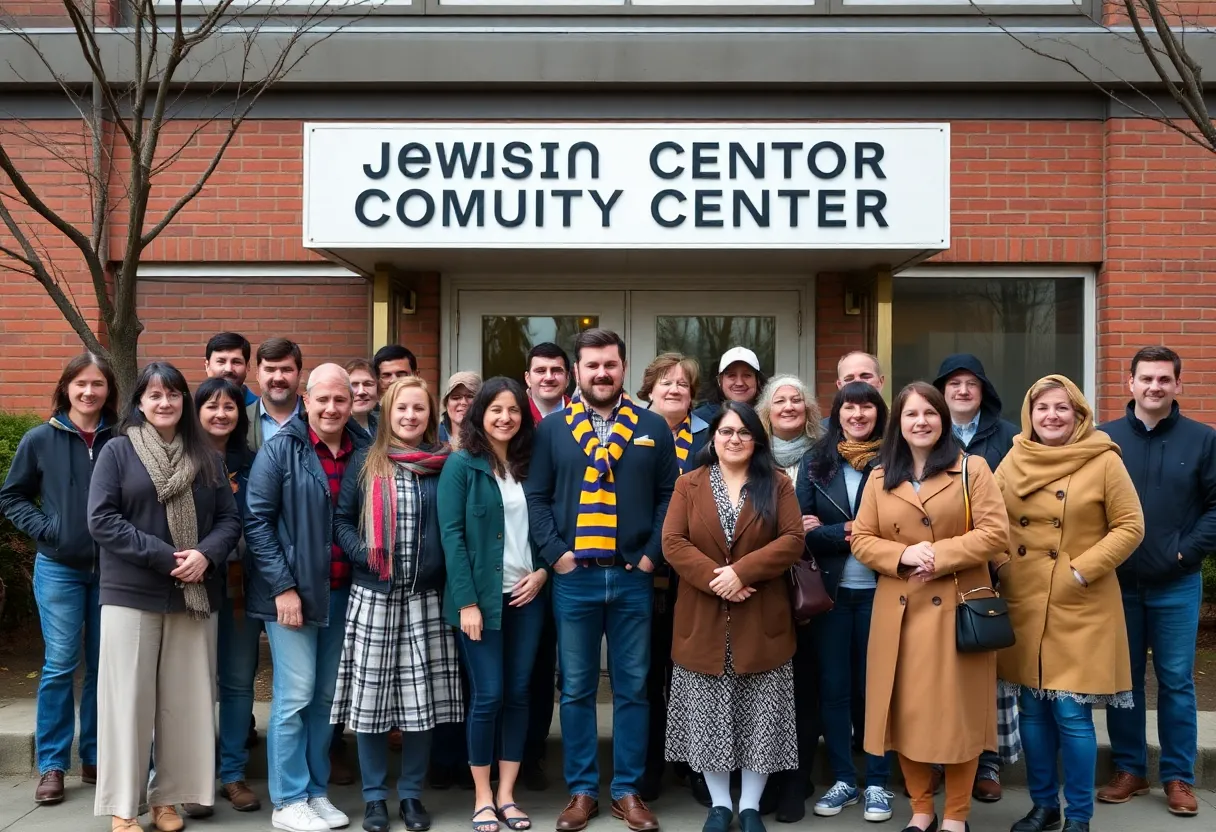 Diverse community members in front of a Jewish community center displaying solidarity.