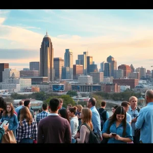 Nashville skyline with diverse community engaged in technology use.