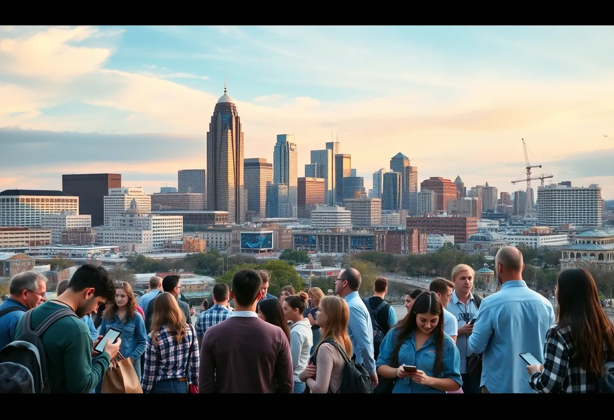 Nashville skyline with diverse community engaged in technology use.