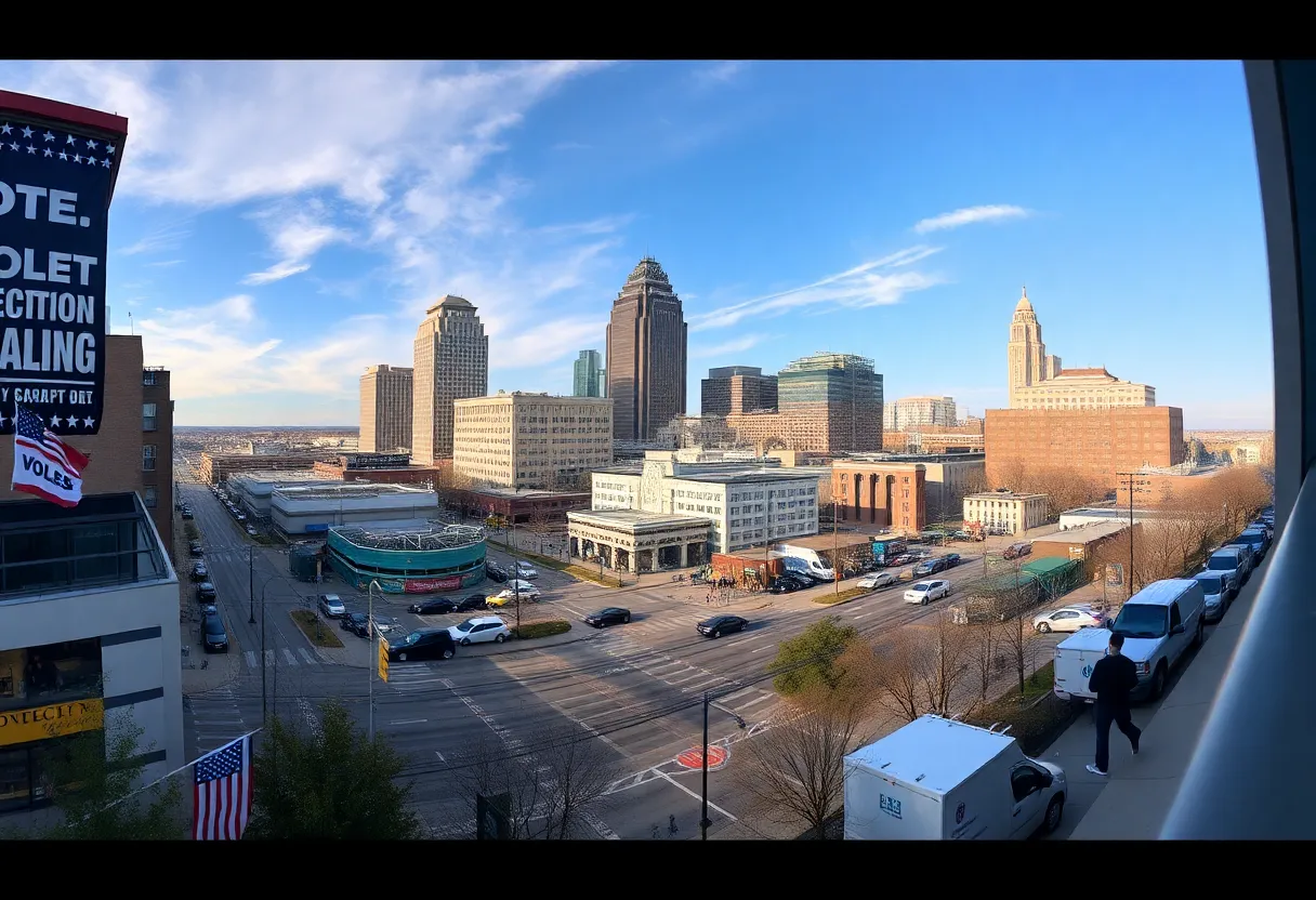 Voters engaging in the Nashville election process with banners and polling stations.