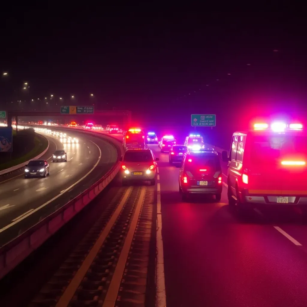 Emergency vehicles on a Nashville highway at night