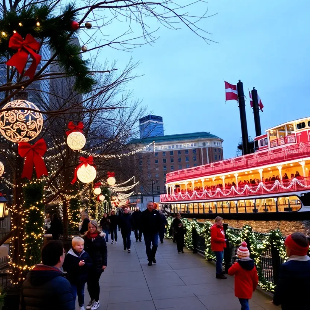 A view of Nashville's holiday festivities with decorated areas and the General Jackson Showboat