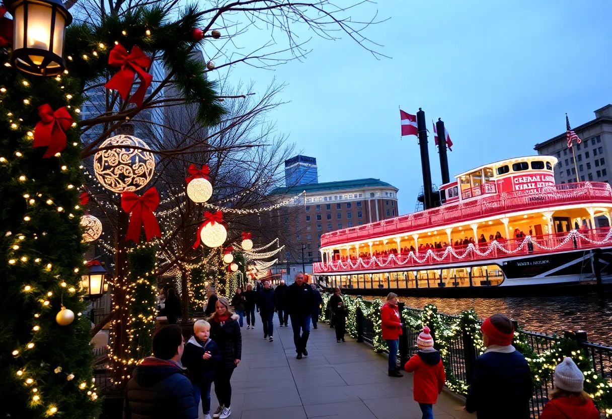 A view of Nashville's holiday festivities with decorated areas and the General Jackson Showboat