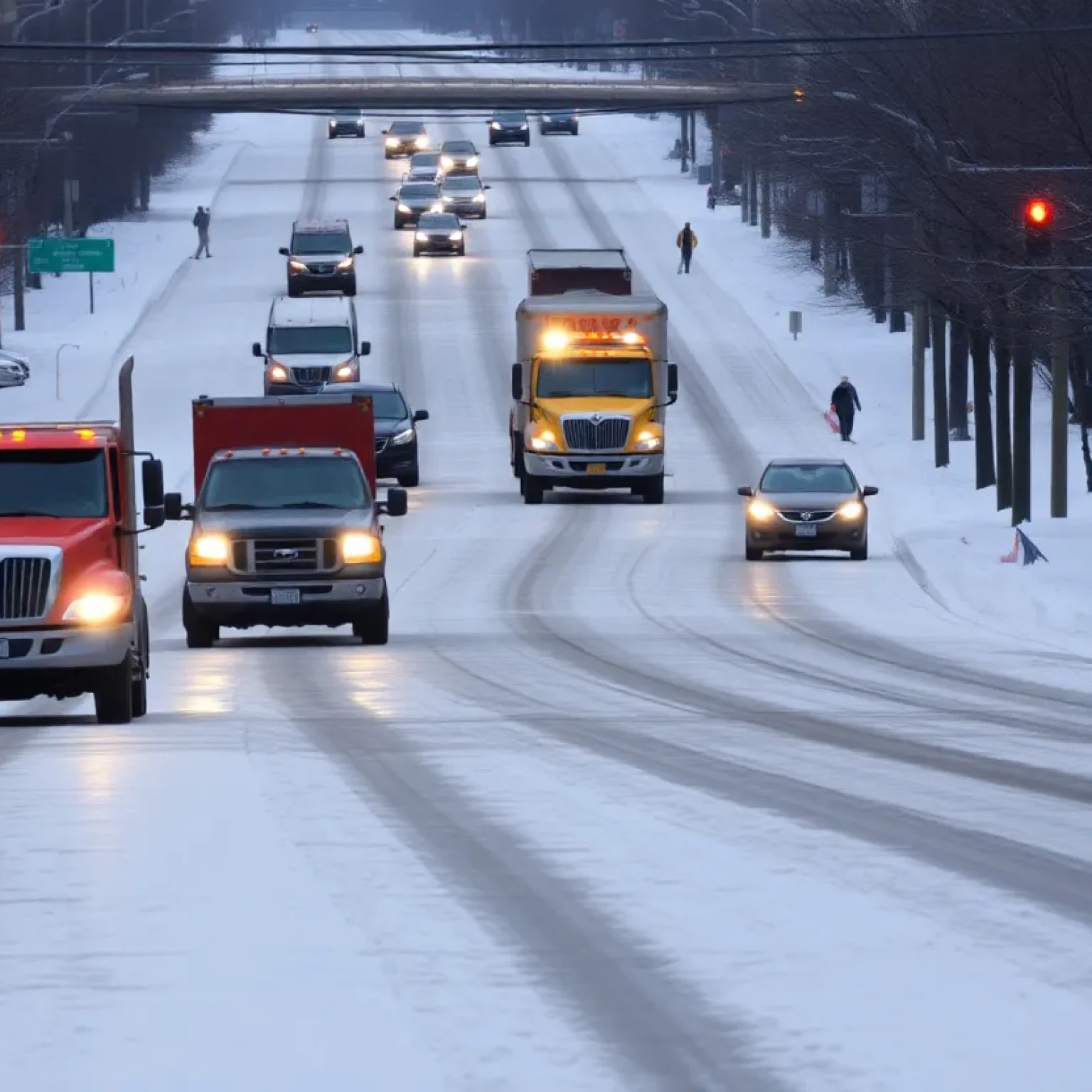 Icy roads with snowplow trucks in Nashville during winter