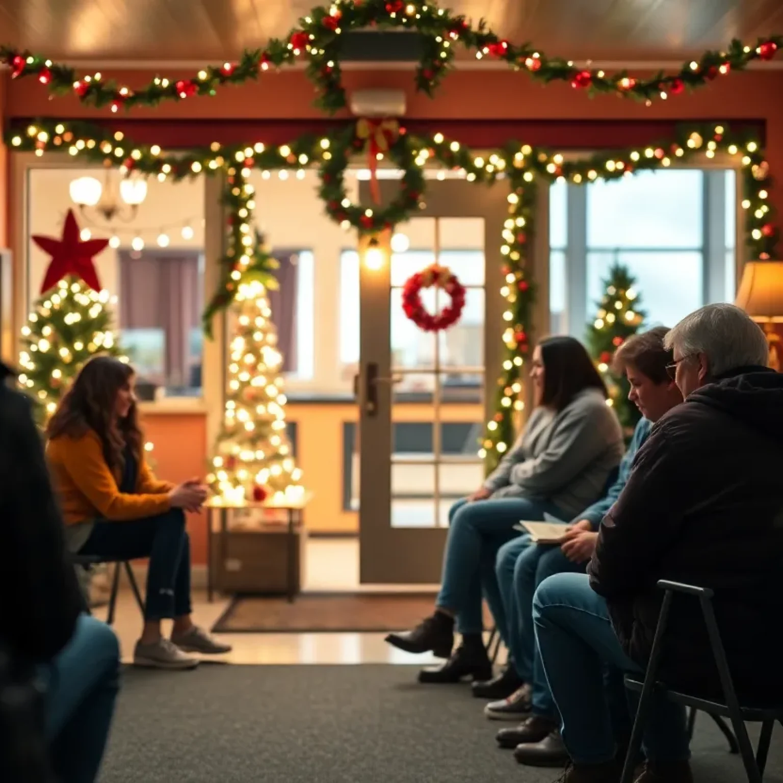 Interior of Launch Pad shelter decorated for the holidays