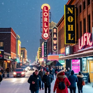 Lower Broadway in Nashville adorned with snow and festive lights