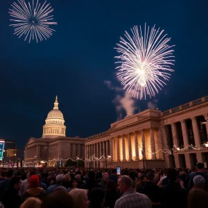 Crowd celebrating at Nashville's New Year Bash with fireworks