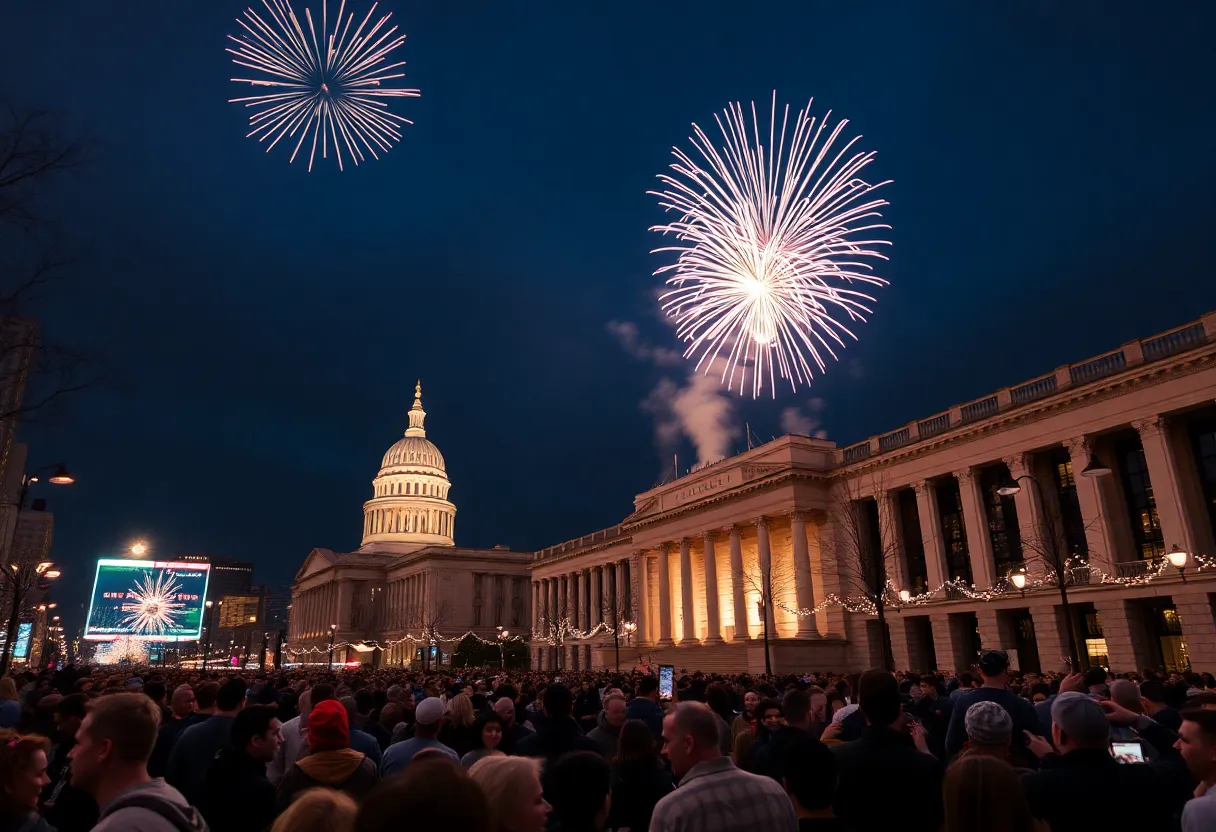 Crowd celebrating at Nashville's New Year Bash with fireworks