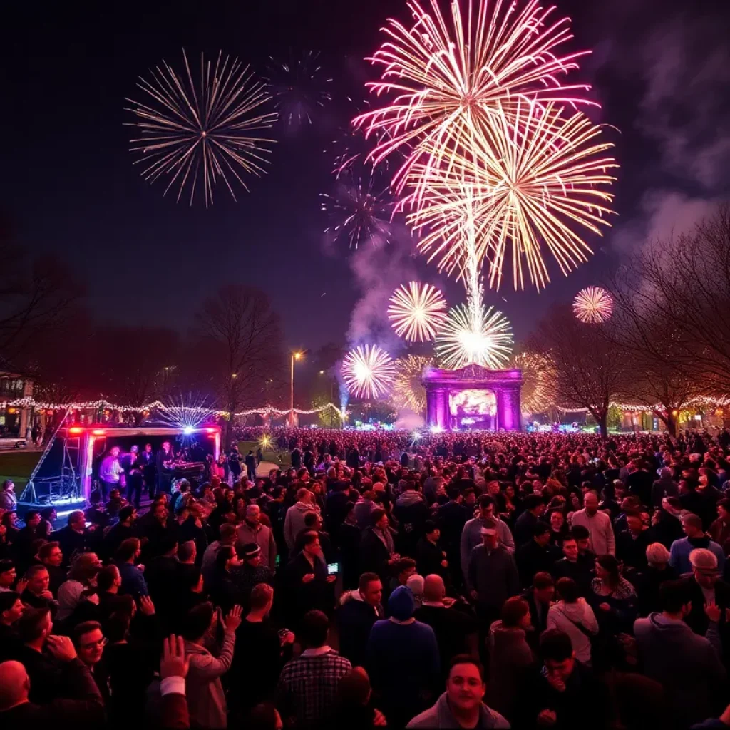 Crowd celebrating New Year’s Eve in Nashville with fireworks