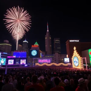 Crowd celebrating New Year’s Eve in Nashville with fireworks