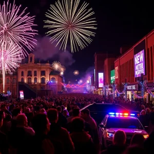 Crowd celebrating New Year’s Eve in Nashville with fireworks in the background.