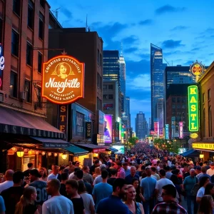 A lively nightlife scene in Nashville with people enjoying music and entertainment