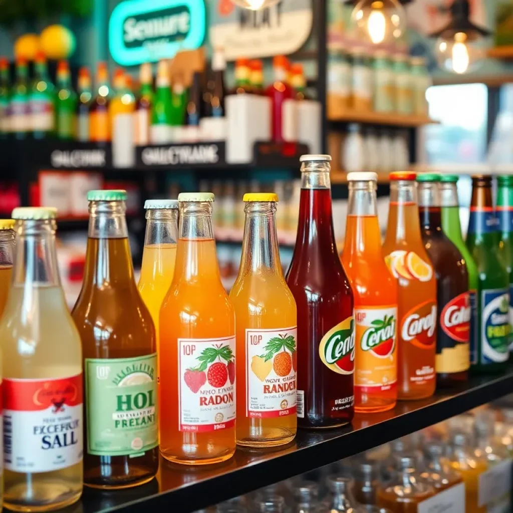 A variety of non-alcoholic drinks on display in a Nashville store