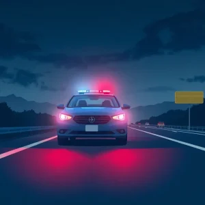 Police car with flashing lights during a traffic stop on a highway