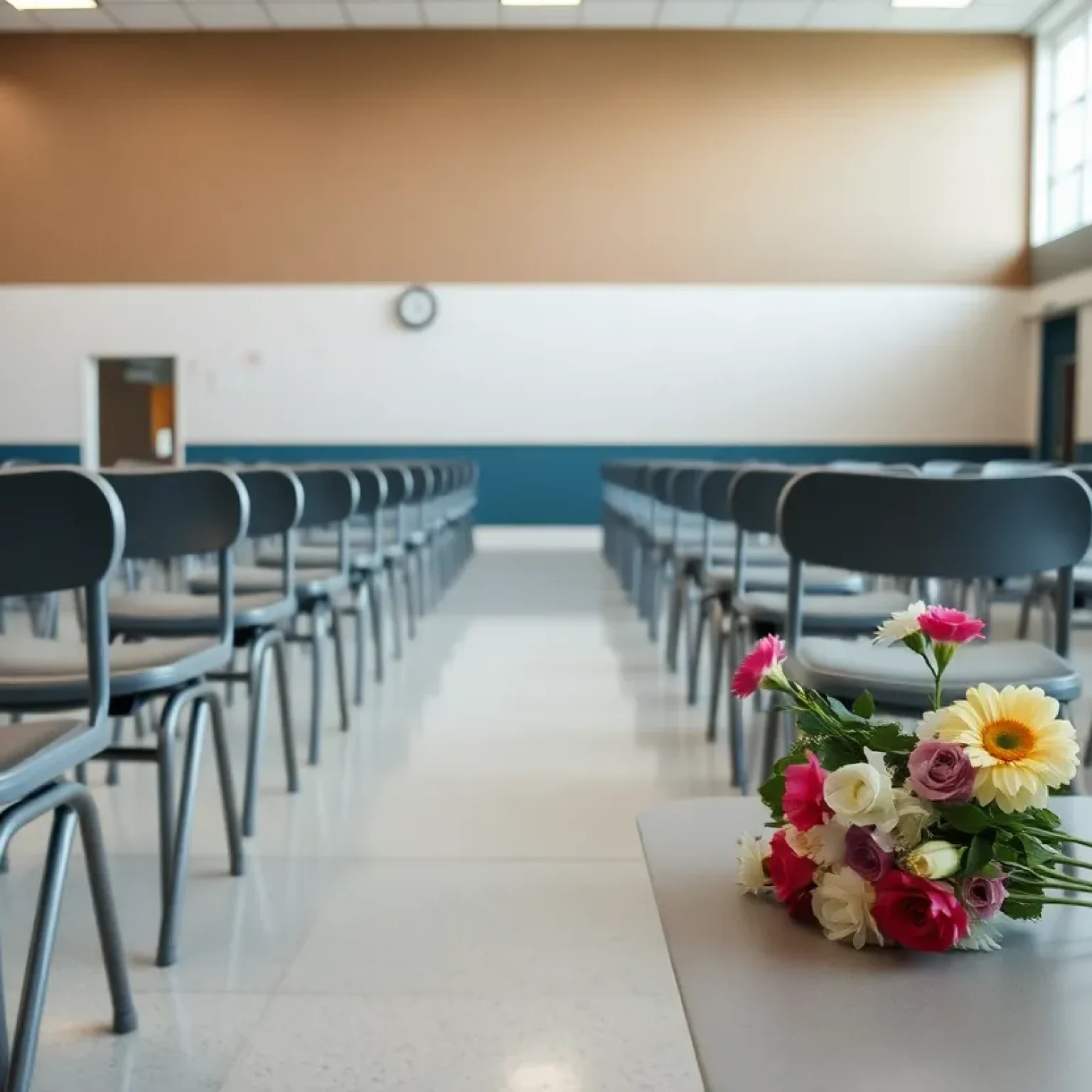 Vigil setup in school cafeteria with flowers and candles