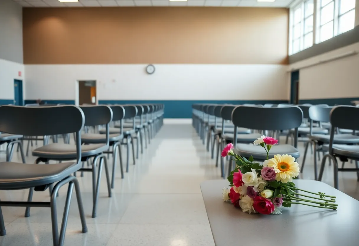 Vigil setup in school cafeteria with flowers and candles