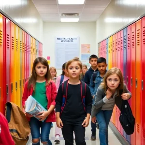 Students in a Nashville school hallway showing concern about mental health issues.