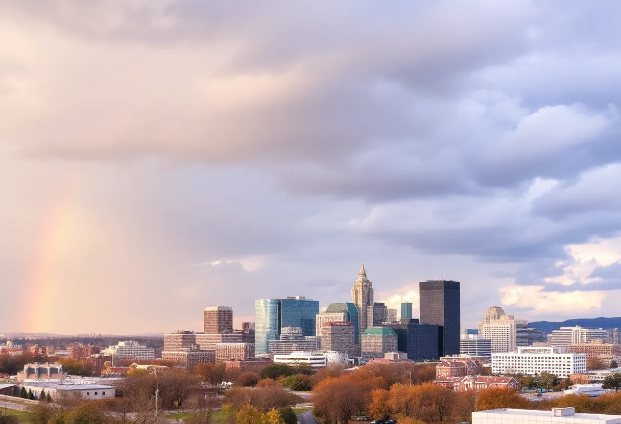 Nashville skyline with rain and sunshine in the background