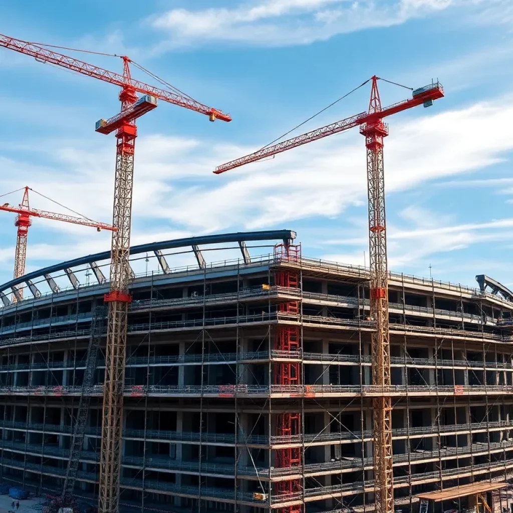 A construction site for Nashville's new stadium with cranes and workers.