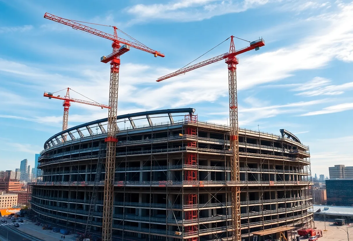 A construction site for Nashville's new stadium with cranes and workers.