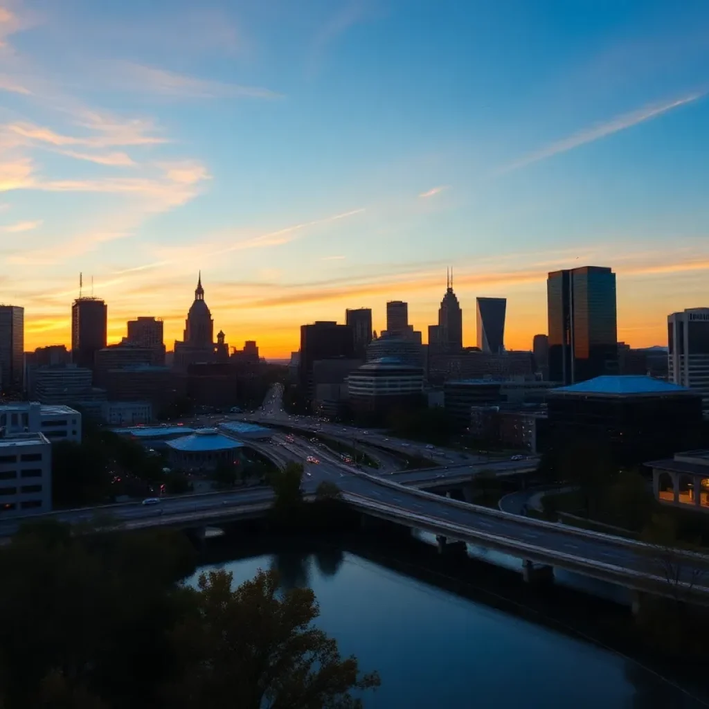 Nashville skyline at sunset with a gentle light, symbolizing community and remembrance.