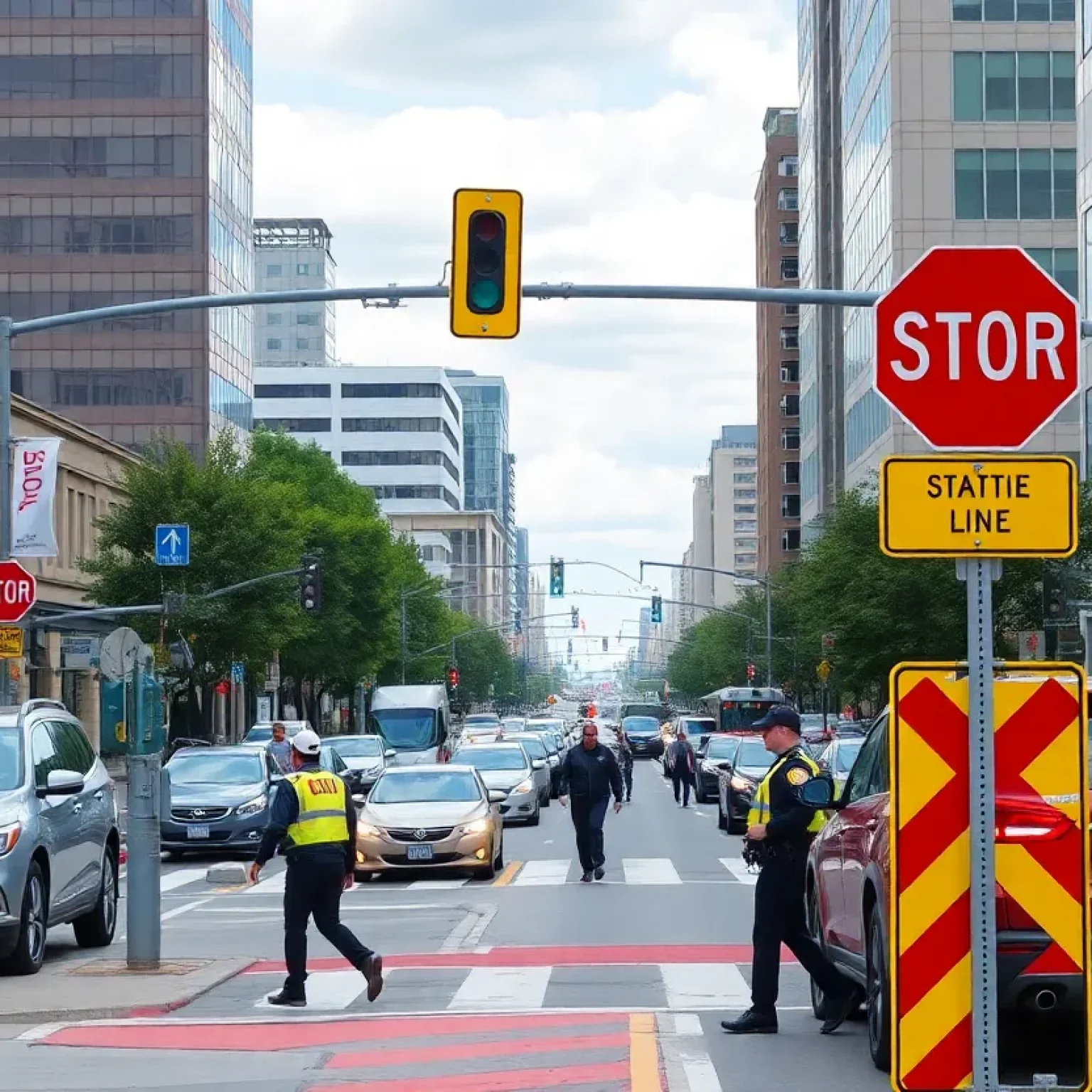 Traffic scene in Nashville with pedestrians crossing streets safely.