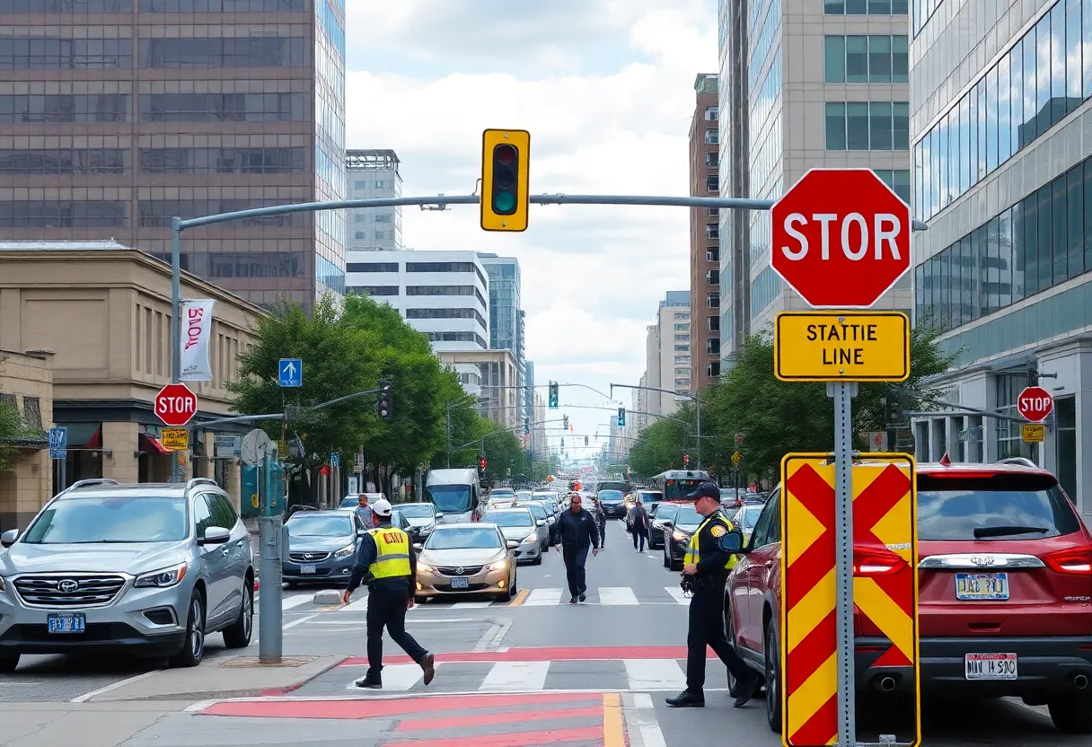 Traffic scene in Nashville with pedestrians crossing streets safely.