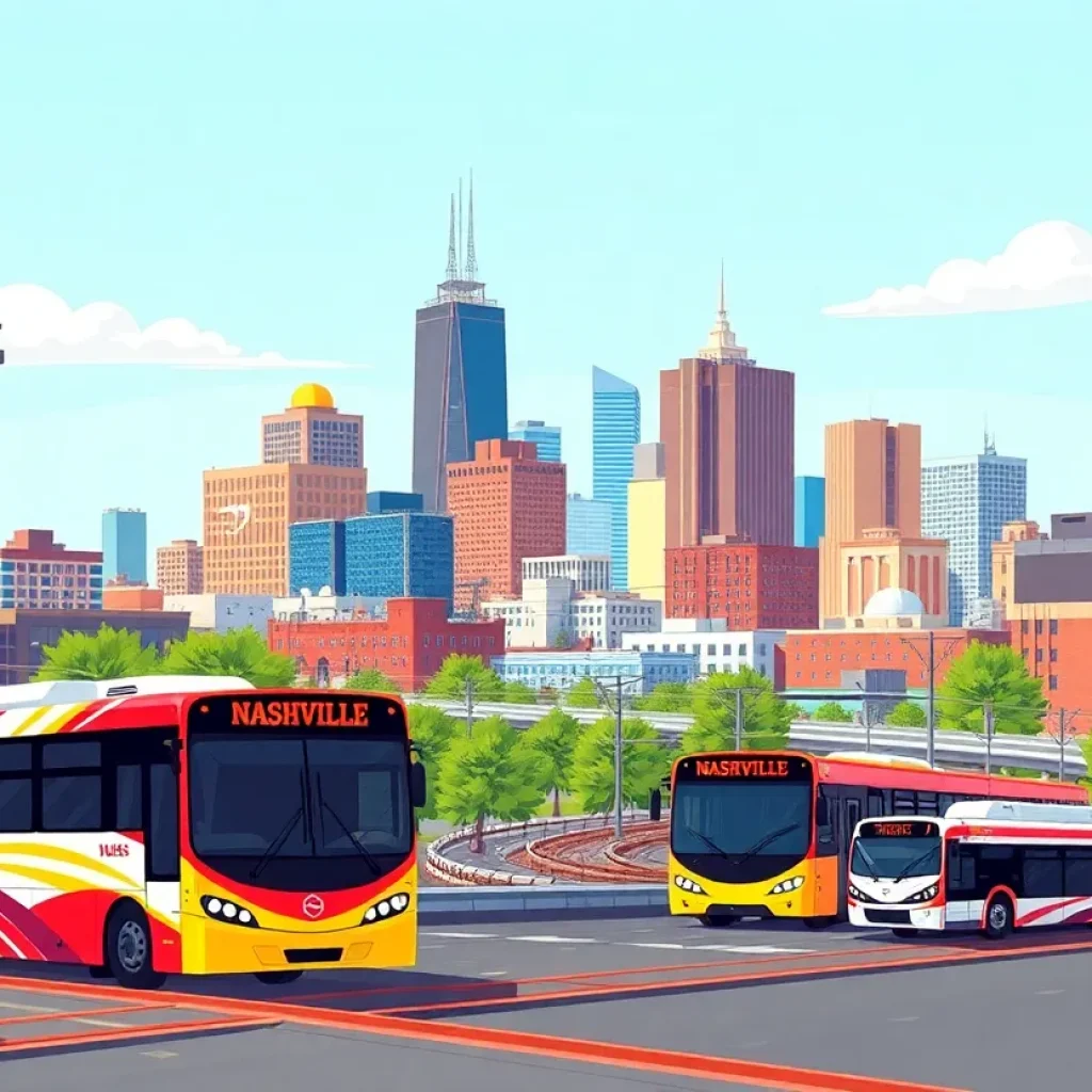 Illustration of Nashville's public transit system with city skyline