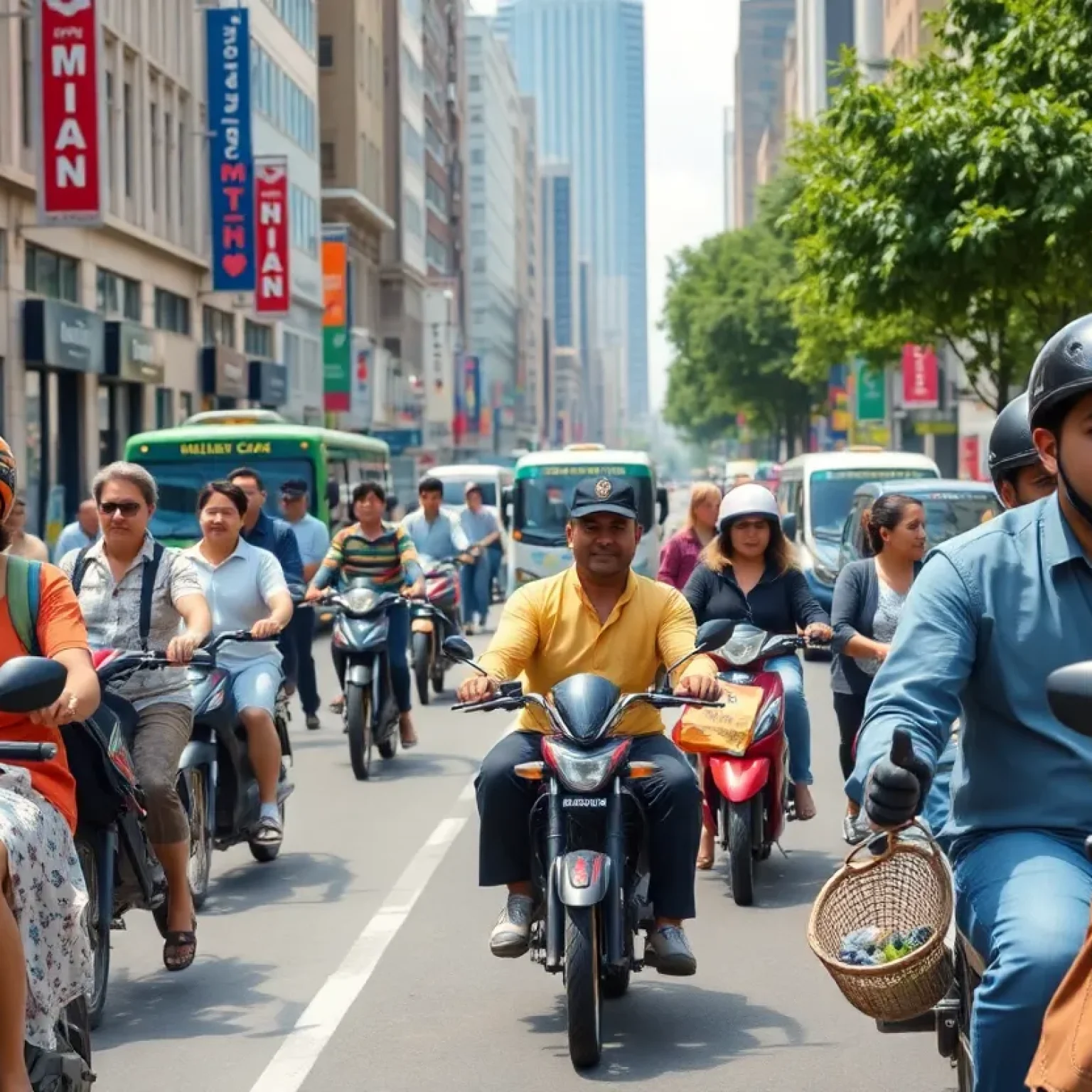 Diverse community members using different transportation methods in Nashville.