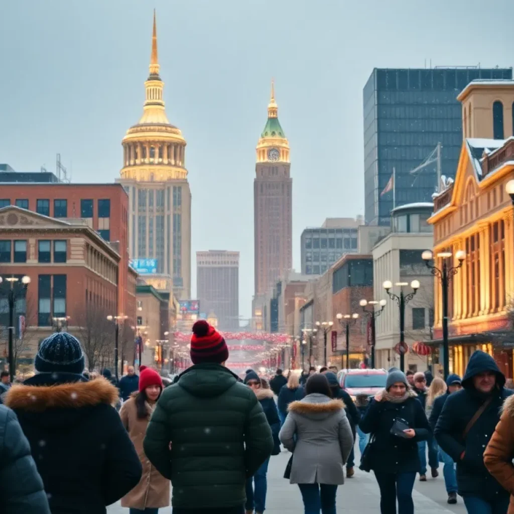 Winter scene in Nashville with snowfall and people wearing warm clothing