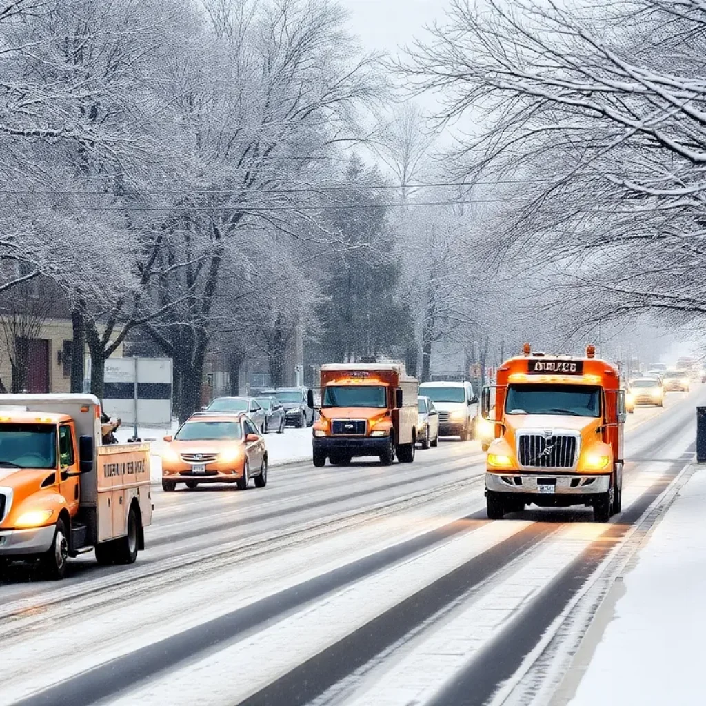 Snowplows clearing streets in Nashville during a winter storm.