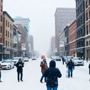 Snow covered streets and buildings in Nashville during the winter storm