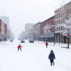 Snow-covered streets and children playing in the snow in Nashville