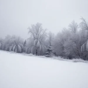 A snowy and icy landscape illustrating the effects of a polar vortex.