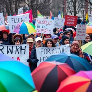 Crowd protesting against far-right ideologies with colorful umbrellas