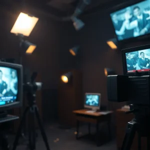 A newsroom scene with an old television set displaying news coverage.