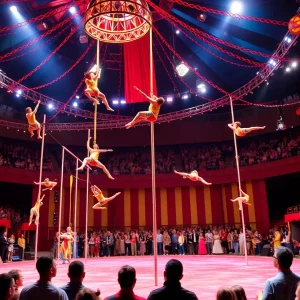 A lively performance scene from the Ringling Bros Circus with acrobats and vibrant decorations