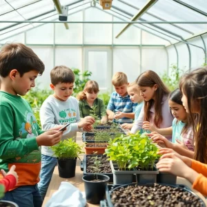 Students participating in the Environmental Science Program at their school, working in a greenhouse.