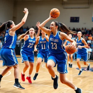 Female basketball players on the court during a game