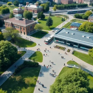 Students using public transit and walking on Vanderbilt University campus.