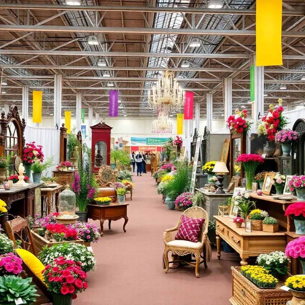 Scene from the Antiques & Garden Show in Nashville with floral displays and antique booths